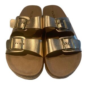 CL Laundry Arizona Sandals 🆕Double Buckle Strap Contoured Footbed Slides Gold 41